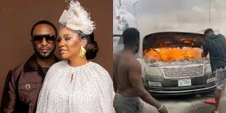 Singer Dare Art Alade and Wife Deola’s Car Catches Fire on 3rd Mainland Bridge, Burns Completely